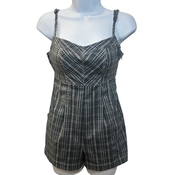 Urban‎ Outfitters Plaid Romper XS  Sleeveless Gray White Academia School Girl - Picture 1 of 14